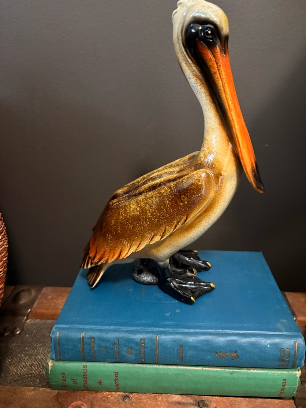 Vintage Brown & Orange Pelican Figurine - Decorative Bird Accent